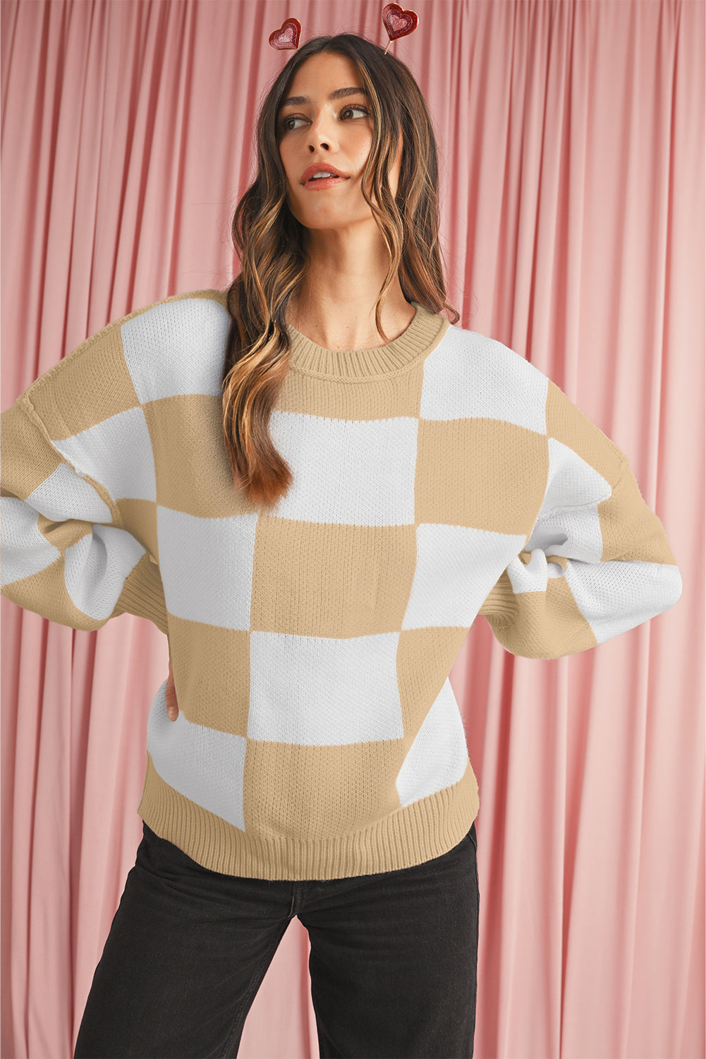 Khaki Plaid Bishop Sleeve Pullover Sweater