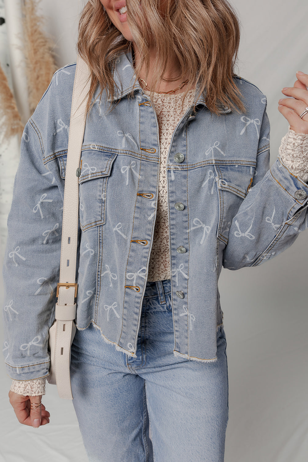 Sky Blue Bow Print Light Wash Raw Hem Denim Jacket