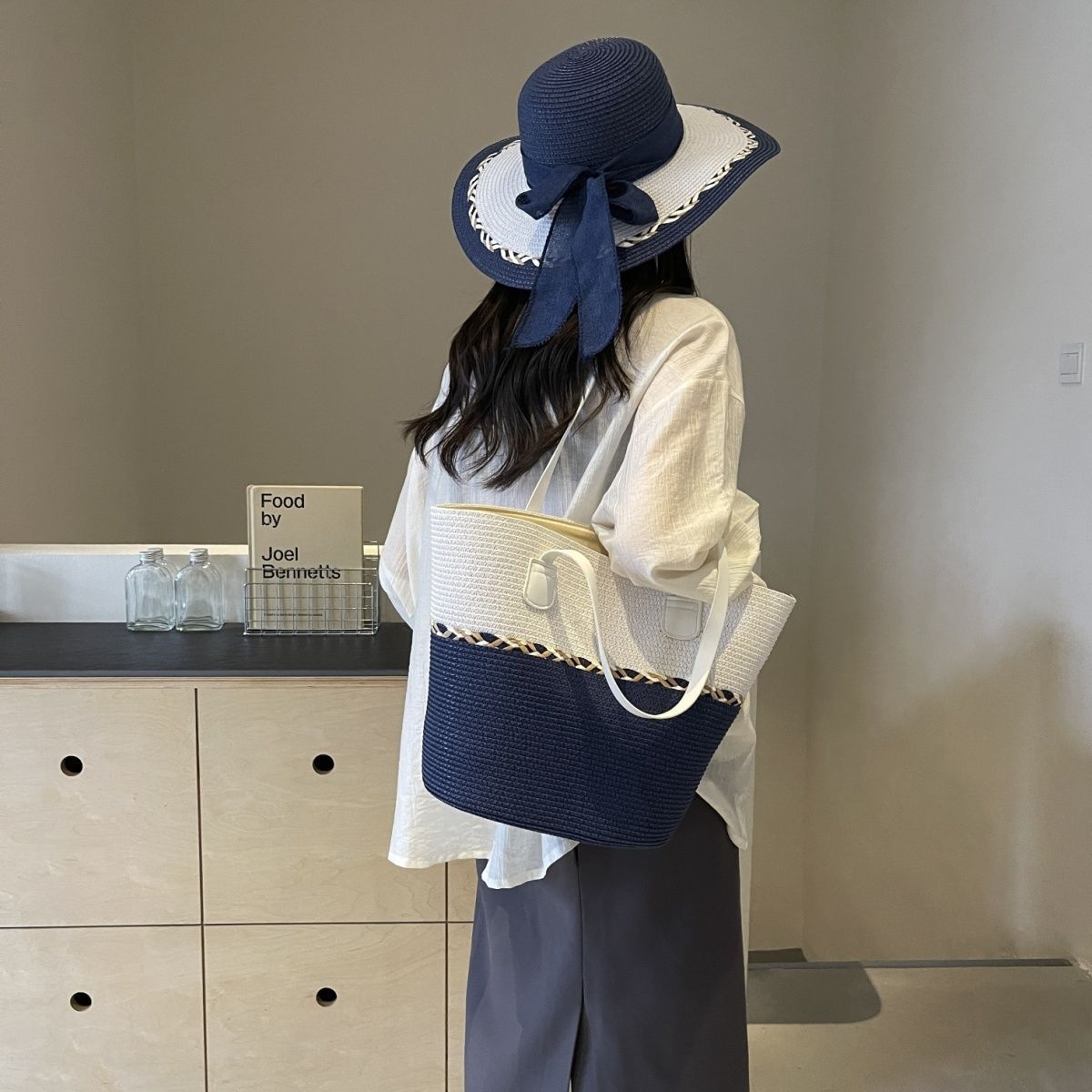 Straw Bag and Hat Set for Women, Beach Vacation, Versatile Sun Protection Wide Brim Hat, Commute Travel Large Capacity Tote Bag