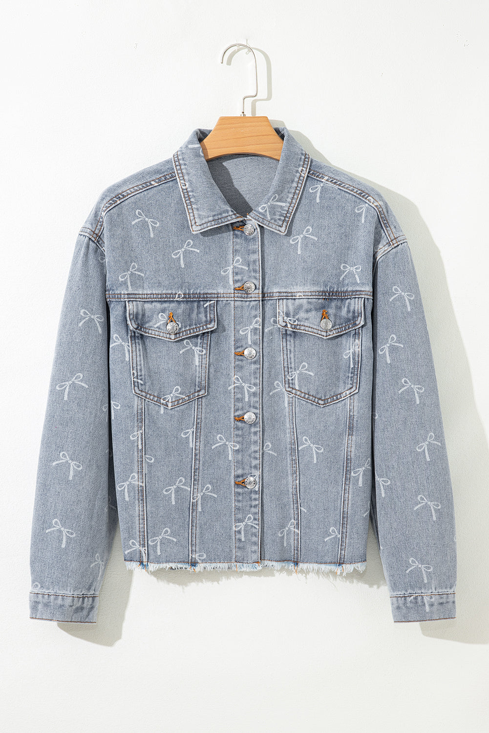 Sky Blue Bow Print Light Wash Raw Hem Denim Jacket