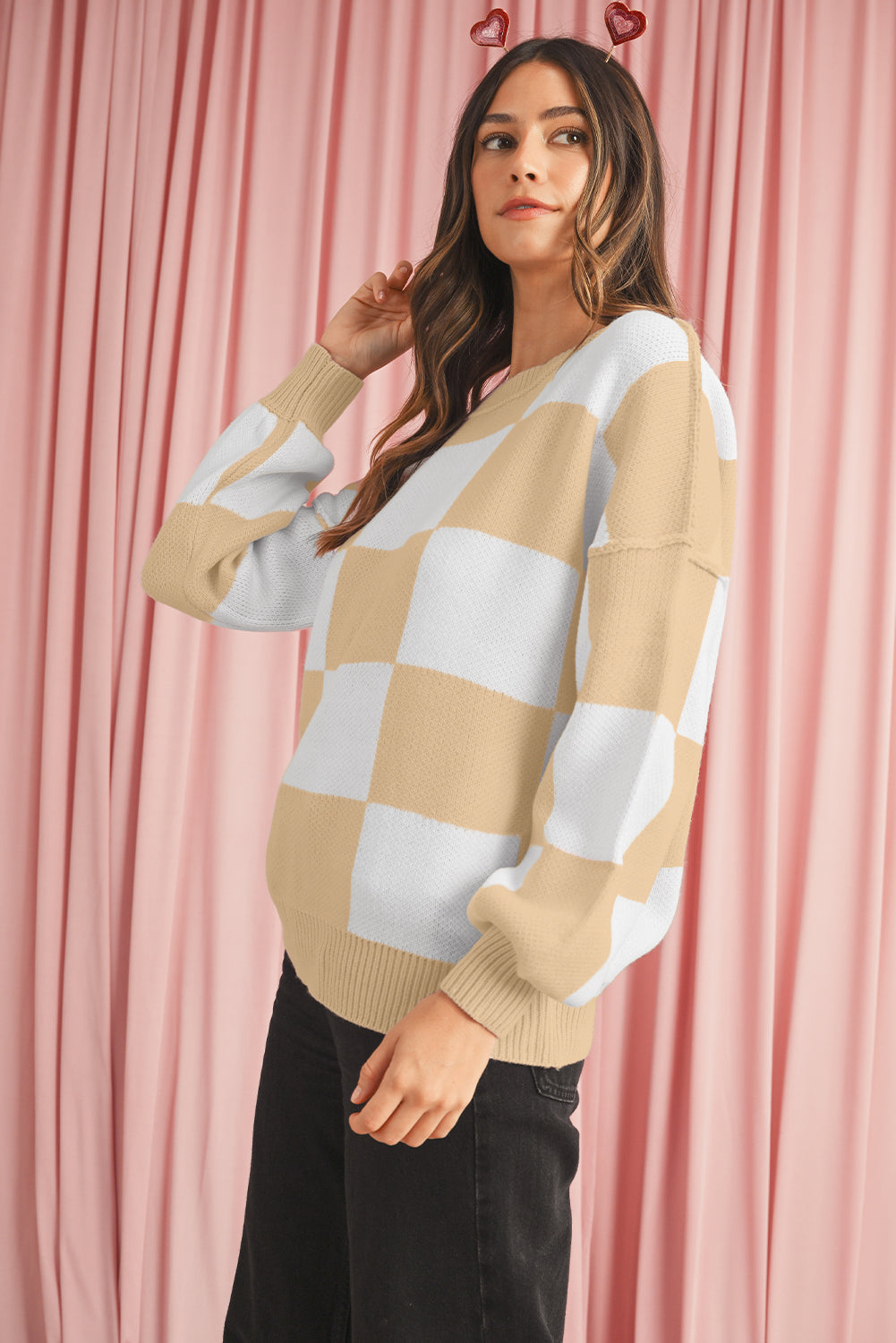 Khaki Plaid Bishop Sleeve Pullover Sweater