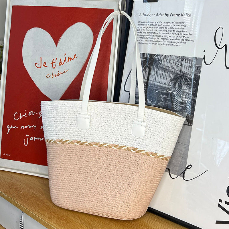 Straw Bag and Hat Set for Women, Beach Vacation, Versatile Sun Protection Wide Brim Hat, Commute Travel Large Capacity Tote Bag