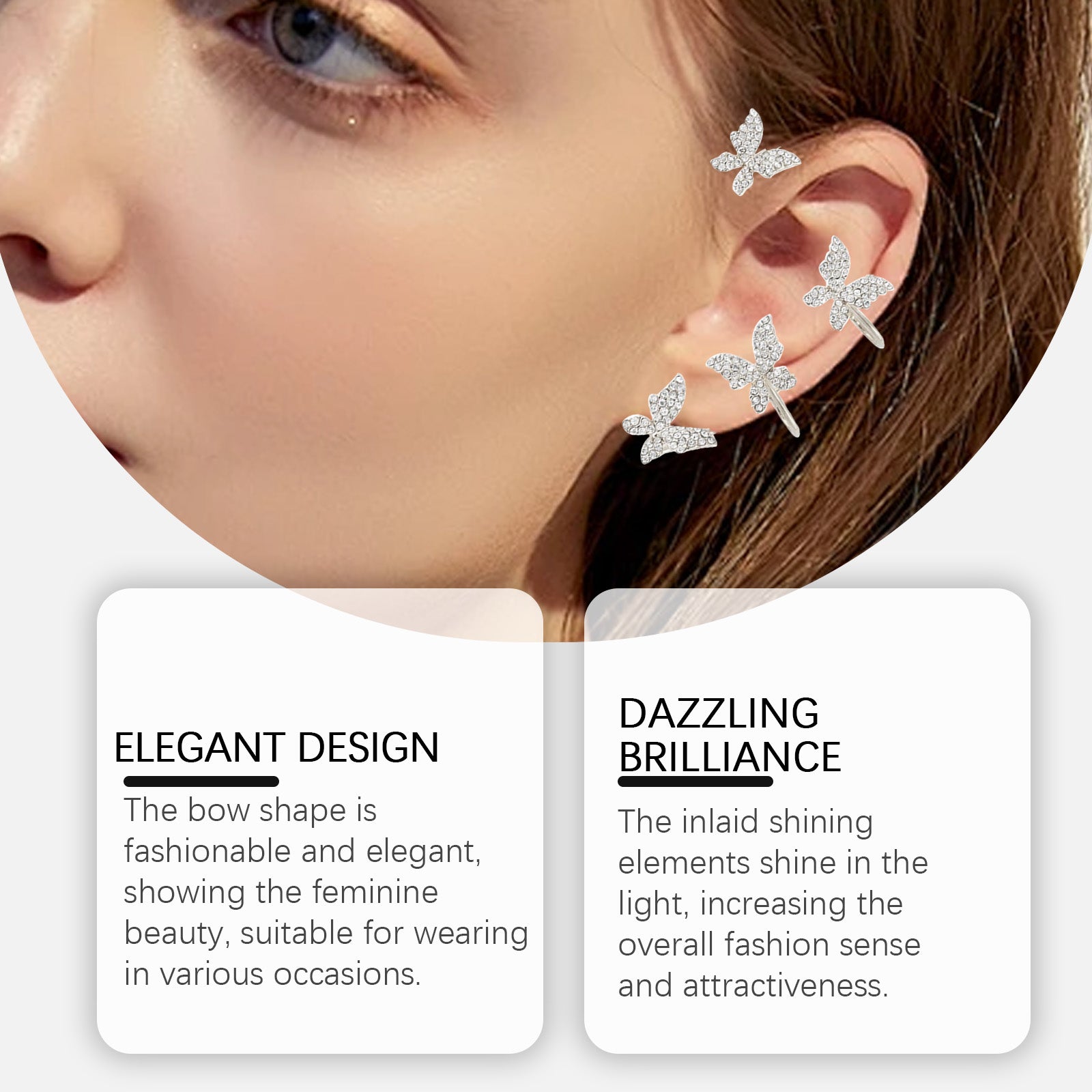 Hoexe Shiny Bow Ear Clip Diamond-Encrusting Butterfly Niche Ear Clip Fashion Everything Temperament No Piercing Ear Clip