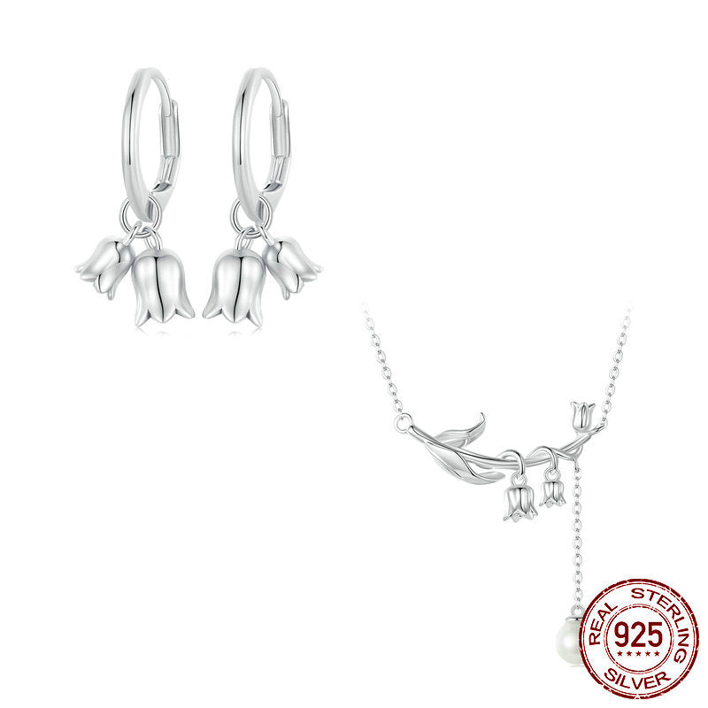 S925 Sterling Silver Simple Campanula Necklace Earrings Set for Women