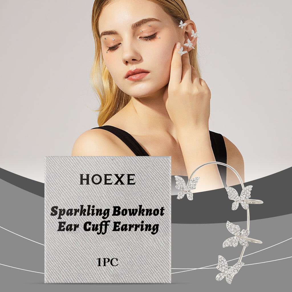 Hoexe Shiny Bow Ear Clip Diamond-Encrusting Butterfly Niche Ear Clip Fashion Everything Temperament No Piercing Ear Clip