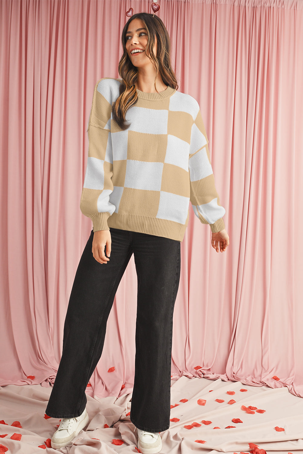 Khaki Plaid Bishop Sleeve Pullover Sweater