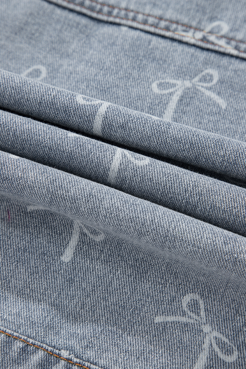 Sky Blue Bow Print Light Wash Raw Hem Denim Jacket