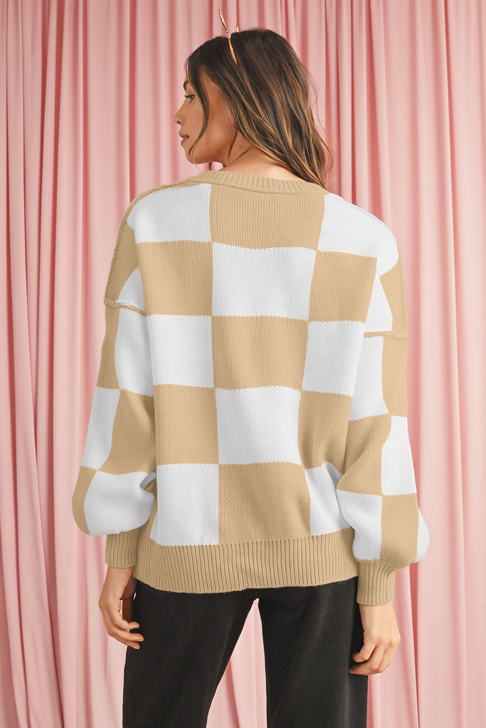 Khaki Plaid Bishop Sleeve Pullover Sweater